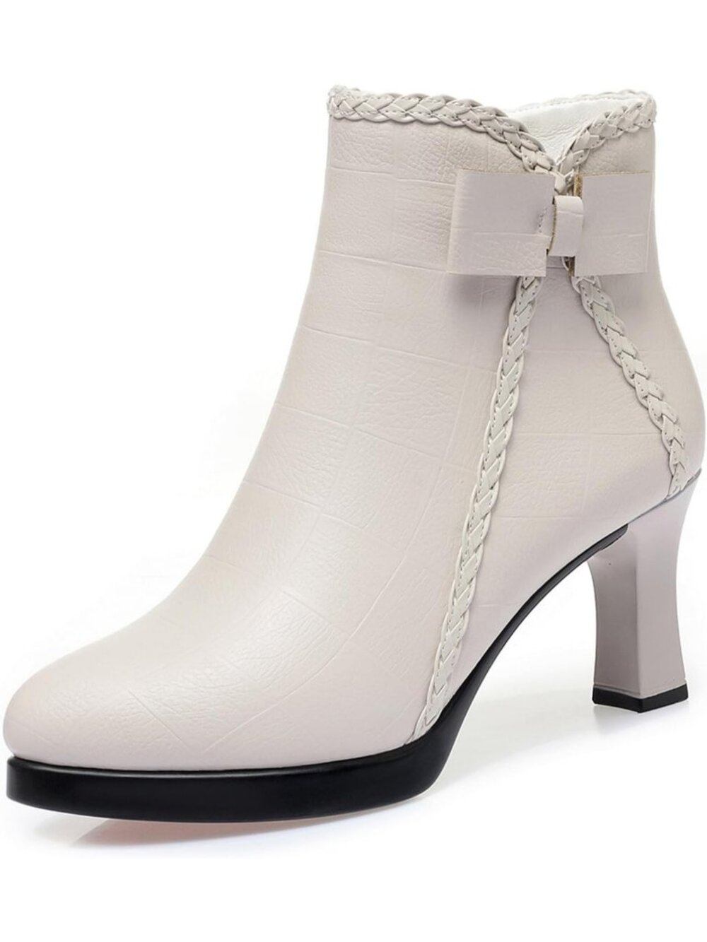 Women’s White Pointed Toe High Heel Ankle Boots Side Zip Fur Lined Booties